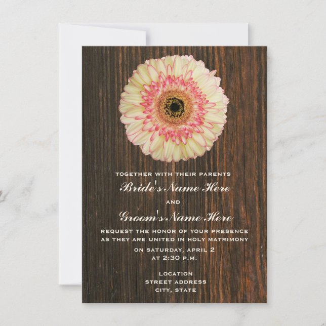 Gerbera Daisy & Barnwood Wedding Invitation (Front)