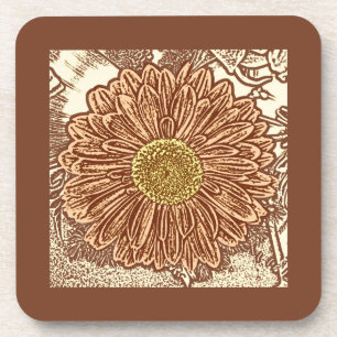 Gerbera Daisy Block Print - brown and tan Drink Coaster