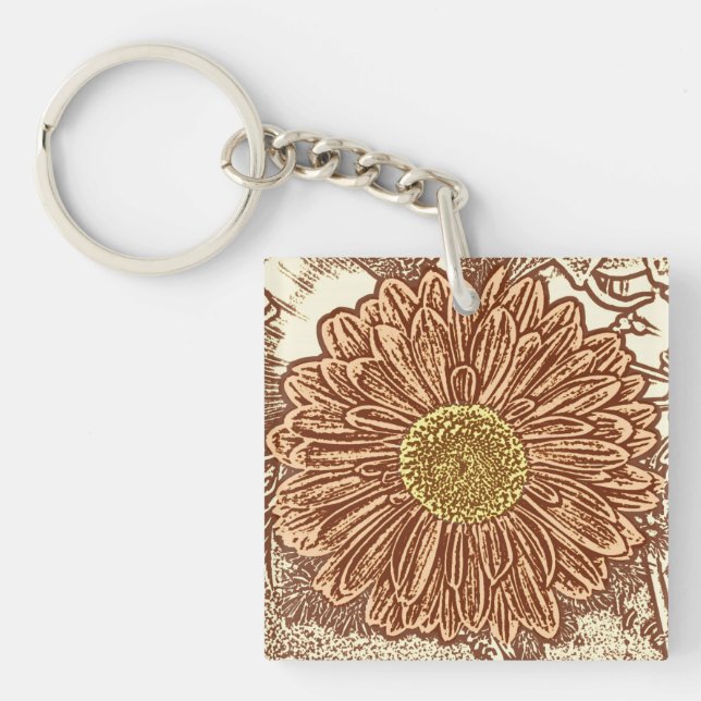 Gerbera Daisy Block Print - brown and tan Keychain (Front)