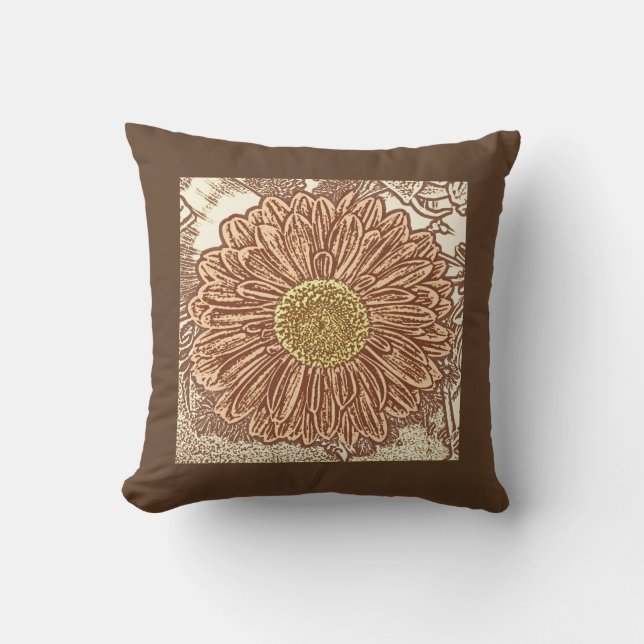 Gerbera Daisy Block Print - brown and tan Outdoor Pillow (Front)