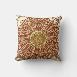 Gerbera Daisy Block Print - brown and tan Throw Pillow