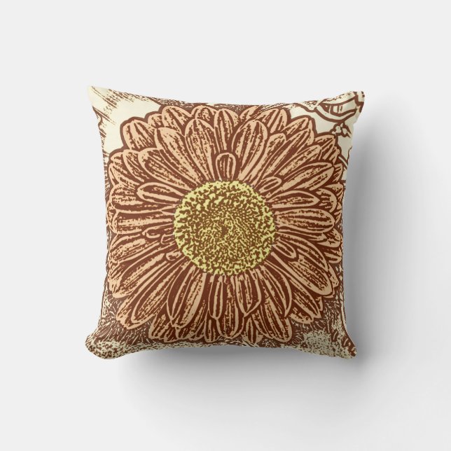 Gerbera Daisy Block Print - brown and tan Throw Pillow (Front)