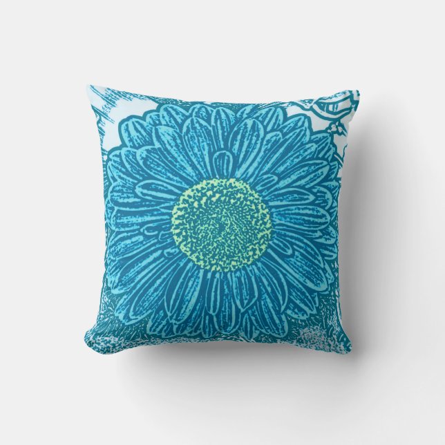 Gerbera Daisy Block Print - cerulean blue Throw Pillow (Front)