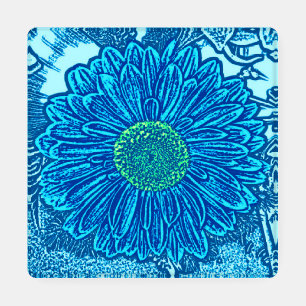 Gerbera Daisy Block Print, Cerulean & Indigo Blue Coaster Set
