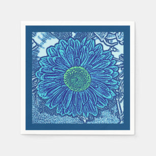 Gerbera Daisy Block Print, Cerulean & Indigo Blue Napkins