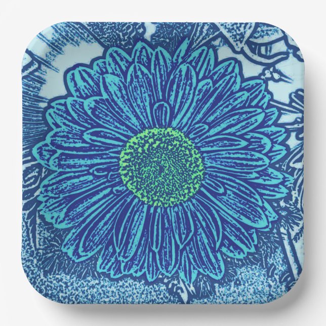 Gerbera Daisy Block Print, Cerulean & Indigo Blue Paper Plates (Front)
