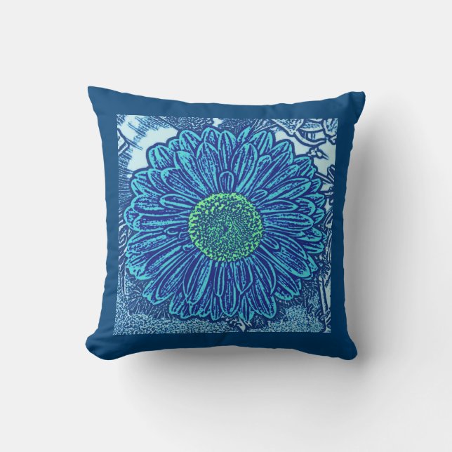 Gerbera Daisy Block Print, Cerulean & Indigo Blue Throw Pillow (Front)