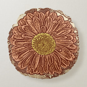 Gerbera Daisy Block Print, Chocolate Brown and Tan Round Pillow