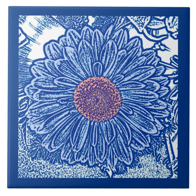 Gerbera Daisy Block Print, Cobalt and Sky Blue Ceramic Tile (Front)