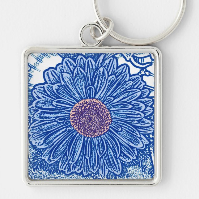 Gerbera Daisy Block Print - cobalt blue Keychain (Front)