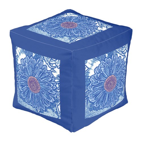 Gerbera Daisy Block Print _ cobalt blue Pouf