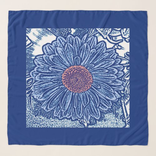 Gerbera Daisy Block Print Cobalt Blue Scarf