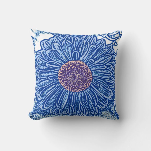 Gerbera Daisy Block Print - cobalt blue Throw Pillow (Front)