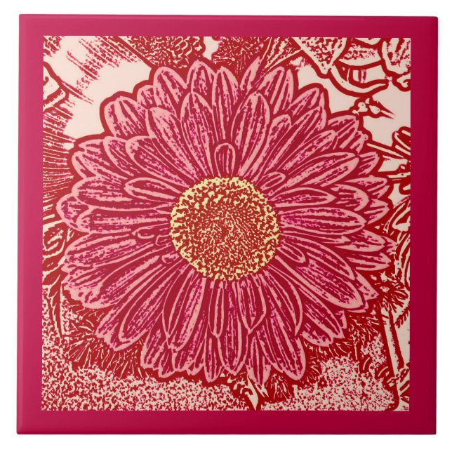 Gerbera Daisy Block Print, Coral and Peach Ceramic Tile (Front)