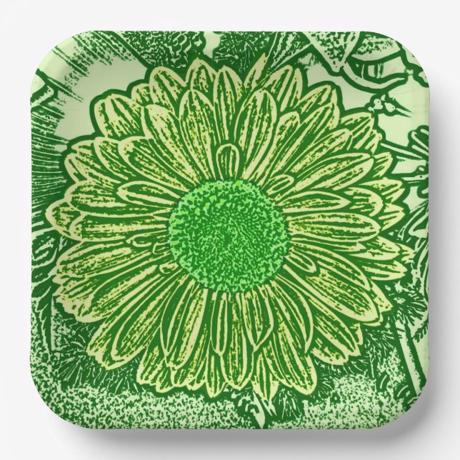 Gerbera Daisy Block Print, Emerald & Lime Green Paper Plates (Front)