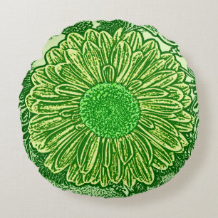Gerbera Daisy Block Print, Emerald & Lime Green Round Pillow