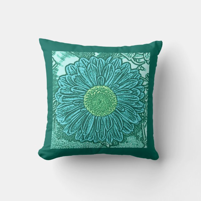 Gerbera Daisy Block Print, Light Aqua & Turquoise Throw Pillow (Front)