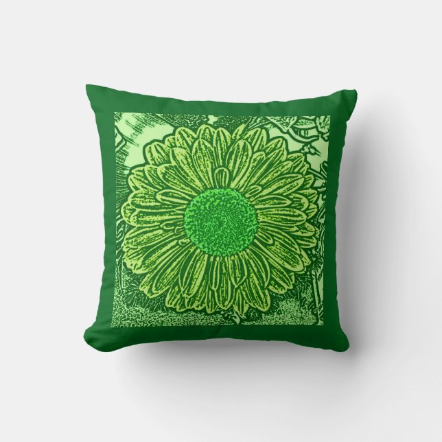 Gerbera Daisy Block Print, Lime & Emerald Green Throw Pillow (Front)