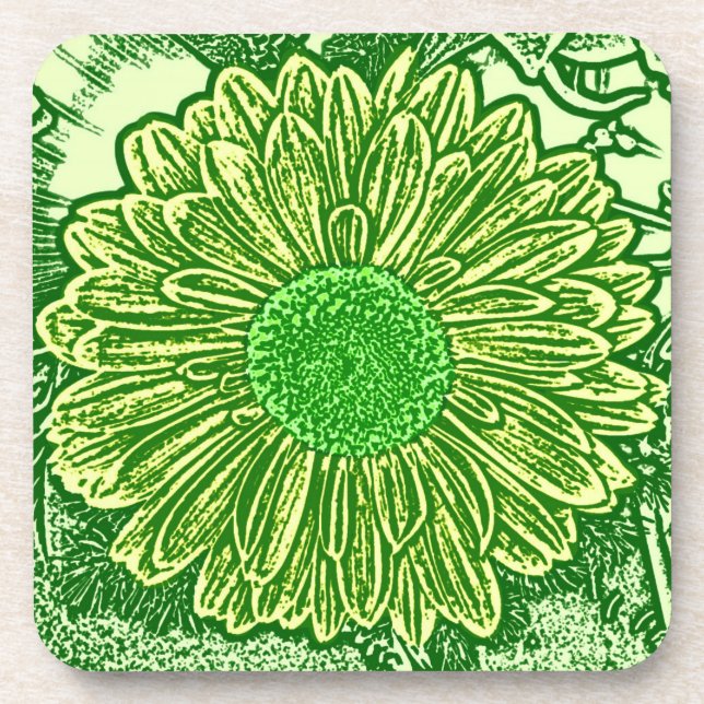 Gerbera Daisy Block Print - lime green Beverage Coaster (Front)
