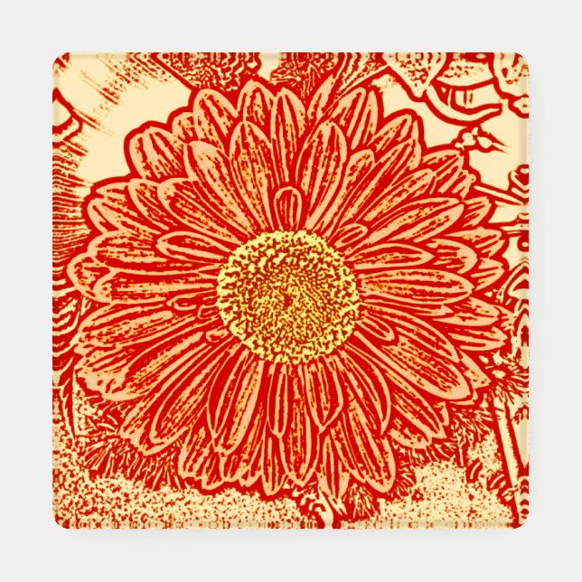 Gerbera Daisy Block Print, Mandarin Orange Coaster Set (Single)
