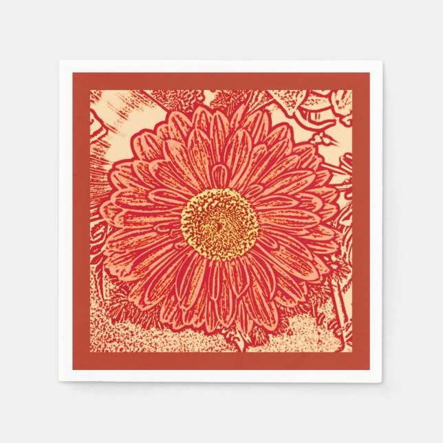 Gerbera Daisy Block Print, Mandarin Orange Napkins (Front)