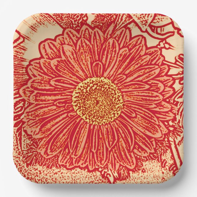 Gerbera Daisy Block Print, Mandarin Orange Paper Plates (Front)