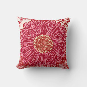 Gerbera Daisy Block Print - maroon and pink Throw Pillow