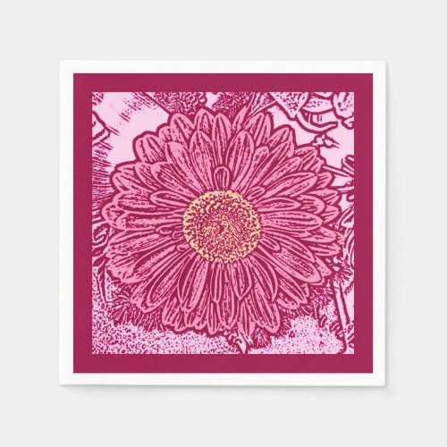 Gerbera Daisy Block Print Maroon  Pastel Pink Napkins