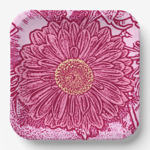 Gerbera Daisy Block Print, Maroon & Pastel Pink Paper Plates