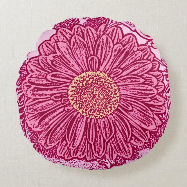Gerbera Daisy Block Print, Maroon & Pastel Pink Round Pillow (Front)