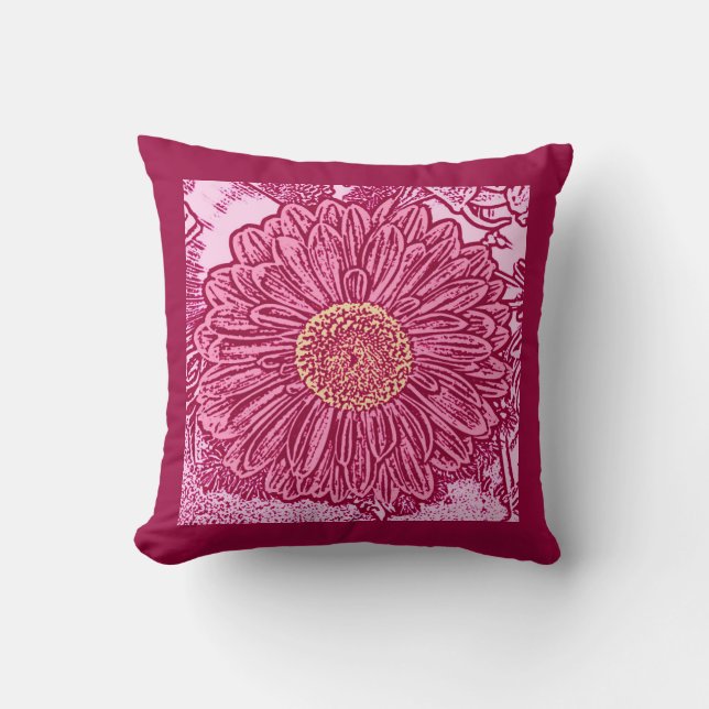 Gerbera Daisy Block Print, Maroon & Pastel Pink Throw Pillow (Front)