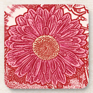 Gerbera Daisy Block Print - red and pink Beverage Coaster