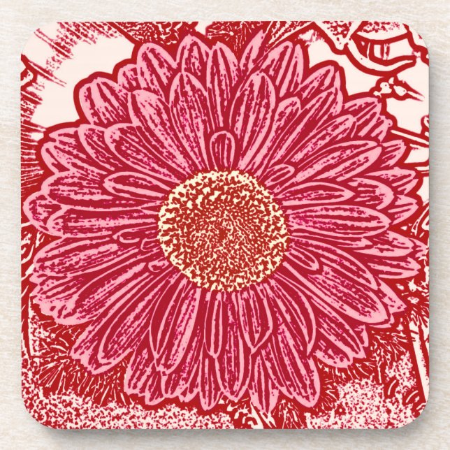 Gerbera Daisy Block Print - red and pink Beverage Coaster (Front)