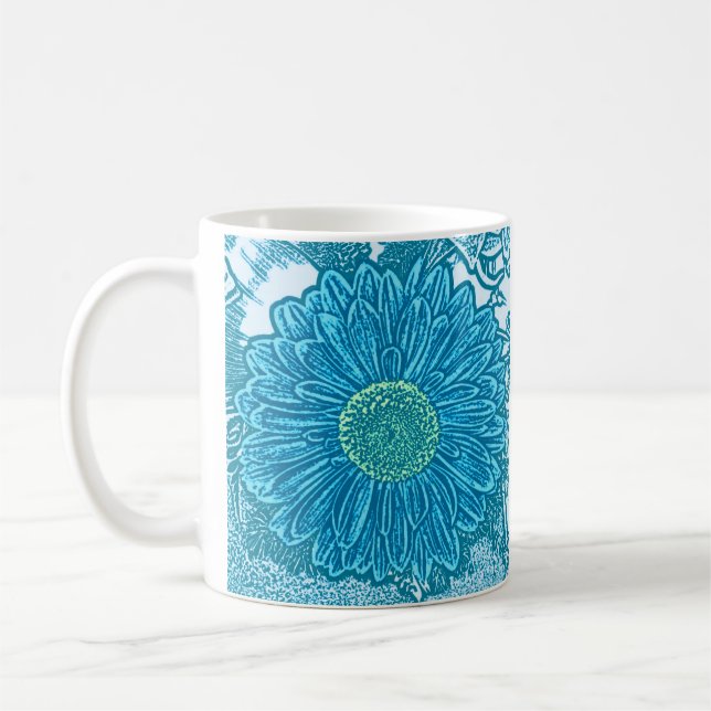 Gerbera Daisy Block Print - sea blue Coffee Mug (Left)