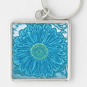 Gerbera Daisy Block Print - sea blue Keychain