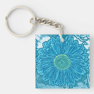 Gerbera Daisy Block Print - sea blue Keychain