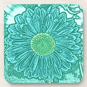 Gerbera Daisy Block Print - shades of aqua Drink Coaster