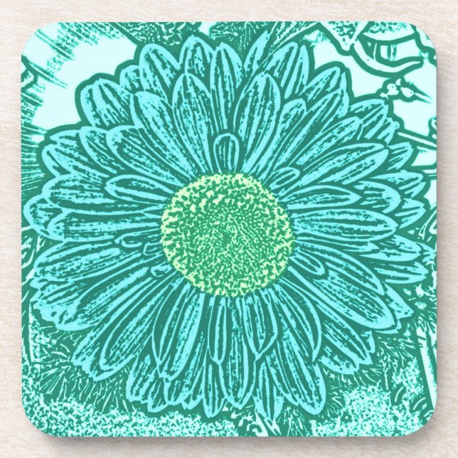 Gerbera Daisy Block Print - shades of aqua Drink Coaster (Front)