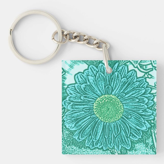 Gerbera Daisy Block Print - shades of aqua Keychain (Front)
