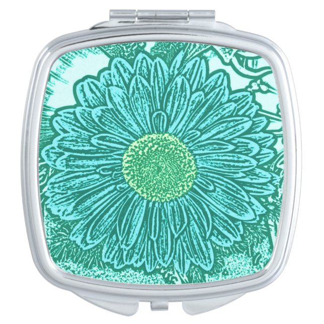 Gerbera Daisy Block Print - shades of aqua Makeup Mirror (Front)