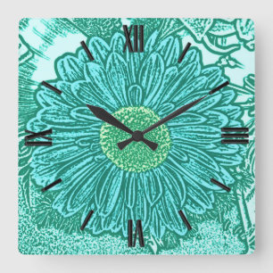 Gerbera Daisy Block Print - shades of aqua Square Wall Clock