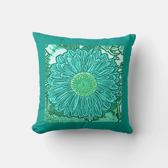 Gerbera Daisy Block Print - shades of aqua Throw Pillow (Front)