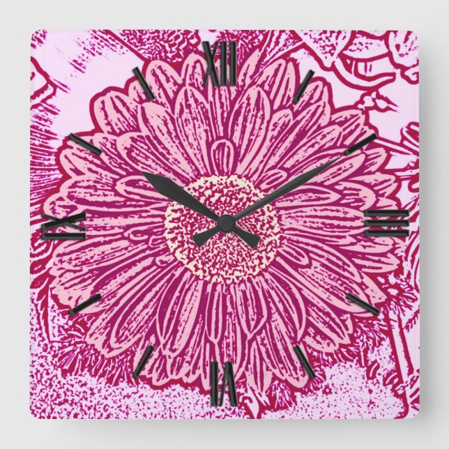 Gerbera Daisy Block Print - shades of pink Square Wall Clock (Front)