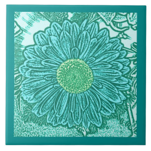 Gerbera Daisy Block Print, Turquoise and Aqua Ceramic Tile