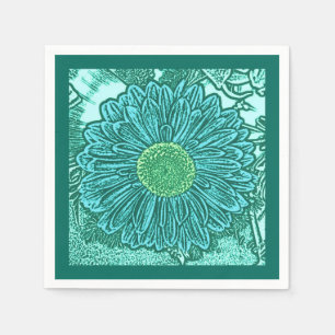 Gerbera Daisy Block Print, Turquoise and Aqua Napkins