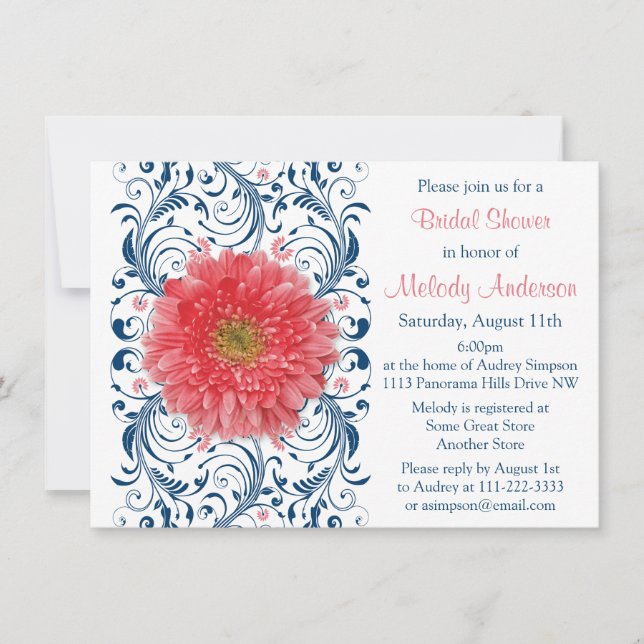 Gerbera Daisy Coral Navy Blue Floral Bridal Shower Invitation (Front)