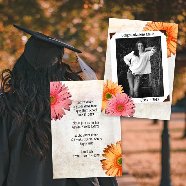 Gerbera Daisy Daughters Photo Graduation Invitation (Creator Uploaded)