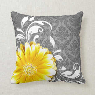 Gerbera Daisy Fancy Damask grey yellow white Throw Pillow
