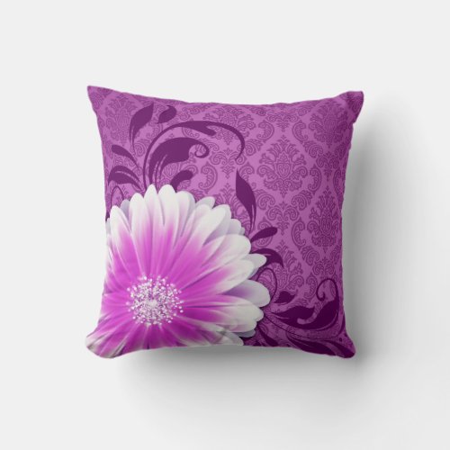Gerbera Daisy Fancy Damask  lavender purple Throw Pillow
