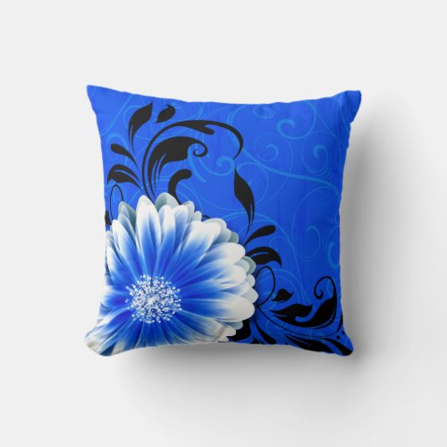 Gerbera Daisy Fancy Scroll  cobalt blue black Throw Pillow